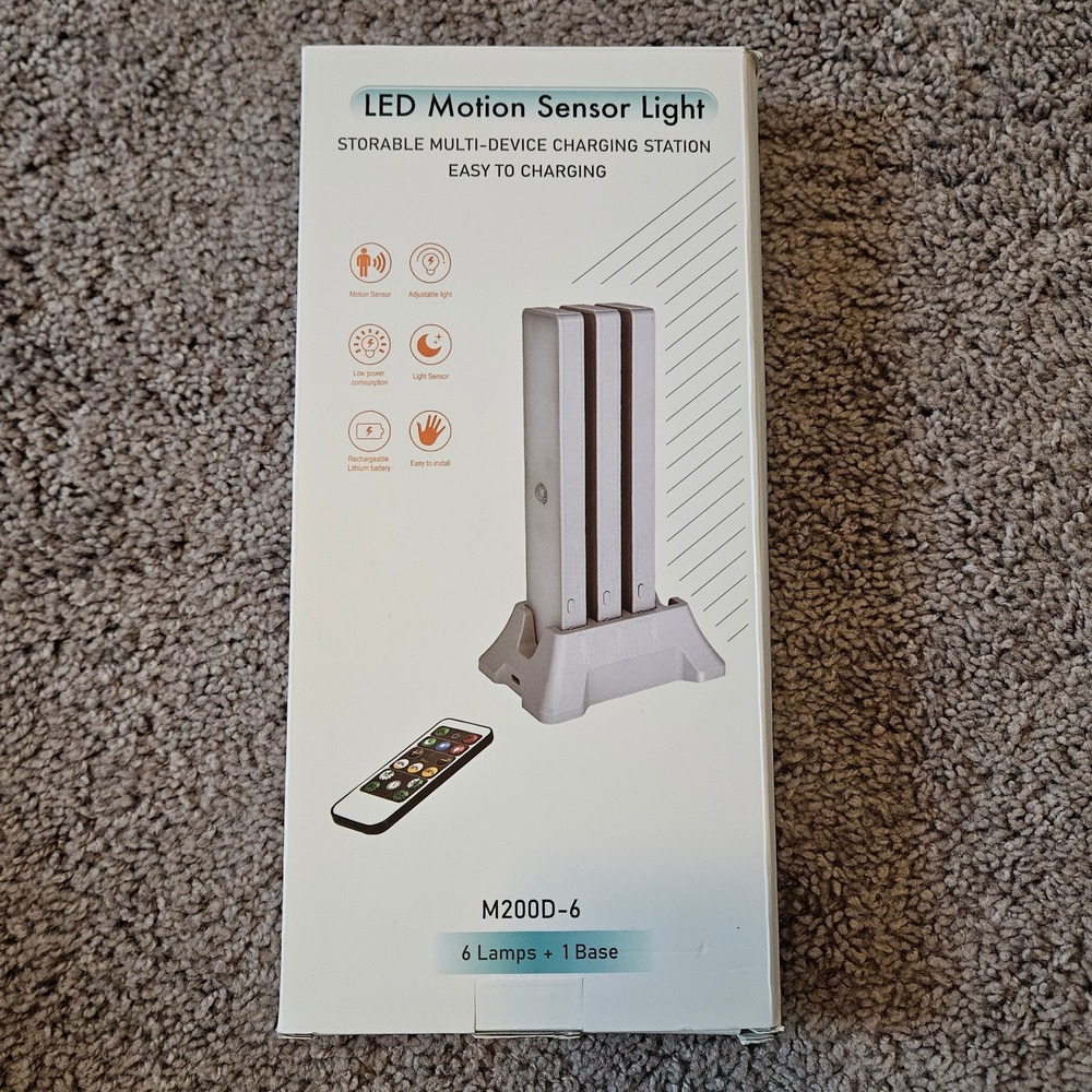 LED Motion Sensor Light Set 6 Lamps 1 Base Grey NEW Rechargeable Remote Control